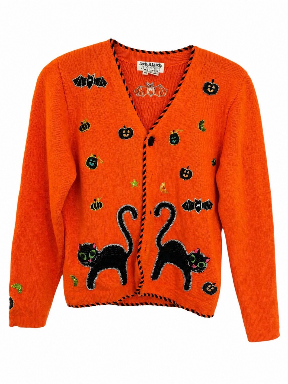 Vintage 90s Jack Be Quick Halloween Black Cat Pumpkin Cardigan PM